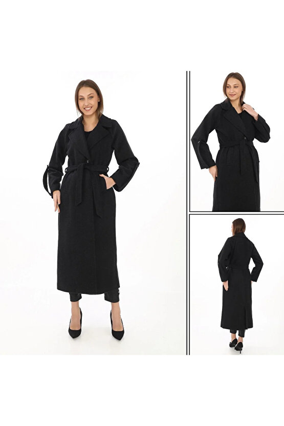 Kadın Kolu Apoletli Astarlı Kaşmir Kaşe Kaban - Siyah