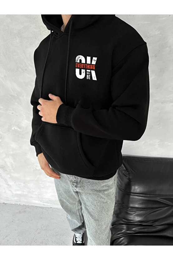 Oversize Üç İplik Kapüşonlu SweatShirt - Siyah