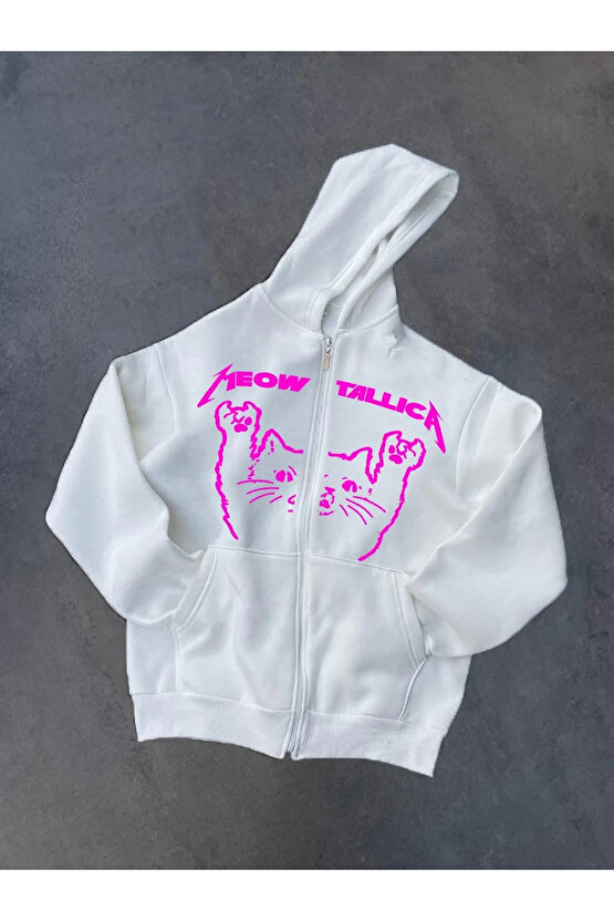 Kışlık Baskılı Fermuarlı Kapüşonlu Hırka - Beyaz