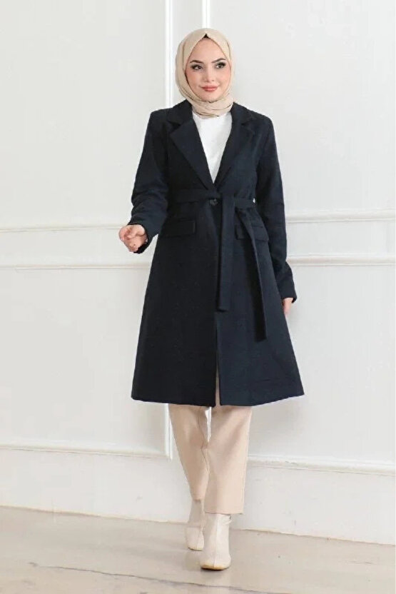 Kadın Düğmeli İçi Astarlı Kaşmir Kaşe Kaban - Lacivert