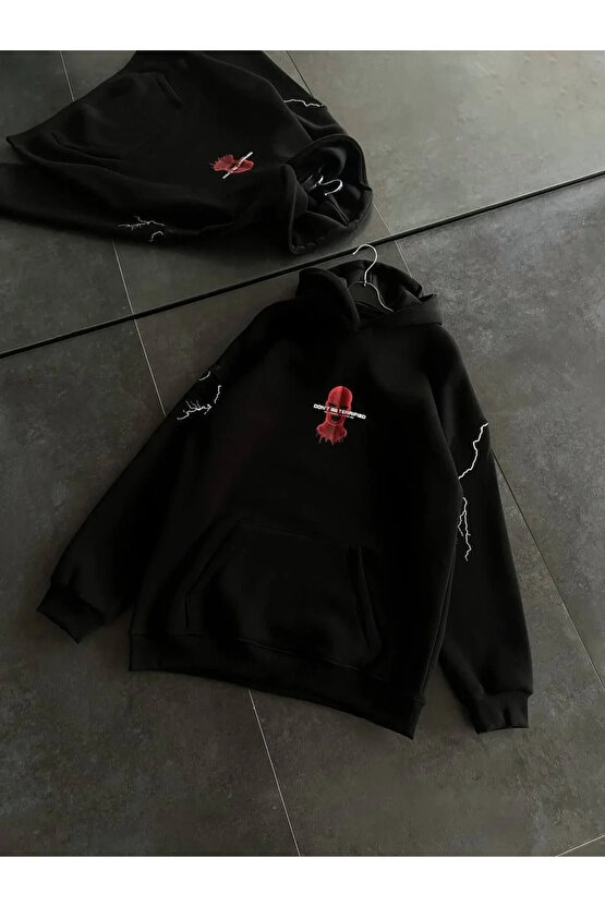 Üç İplik Kapüşonlu Baskılı Oversize SweatShirt- Siyah