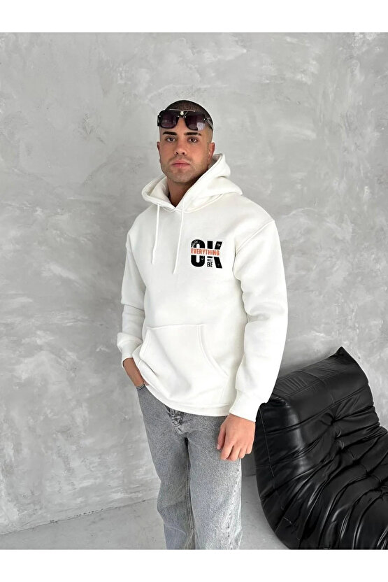 Oversize Üç İplik Kapüşonlu SweatShirt - Beyaz