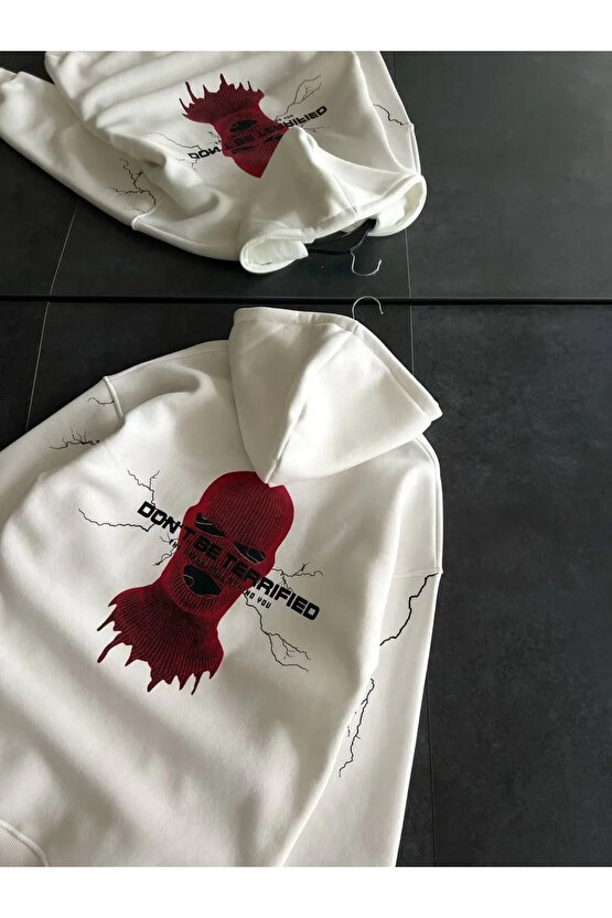 Üç İplik Kapüşonlu Baskılı Oversize SweatShirt- Beyaz