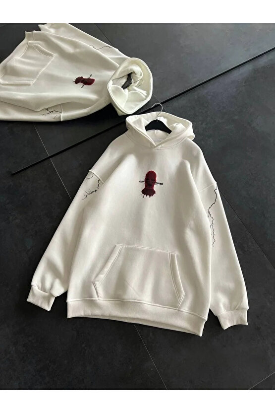 Üç İplik Kapüşonlu Baskılı Oversize SweatShirt- Beyaz