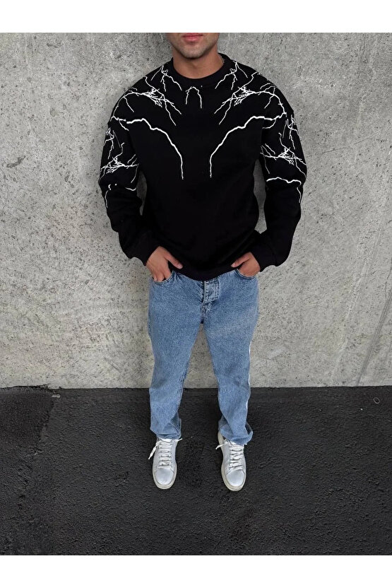 Yıldırım Baskılı Bisiklet Yaka SweatShirt - Siyah