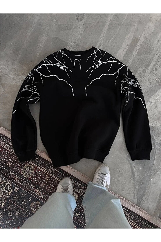 Yıldırım Baskılı Bisiklet Yaka SweatShirt - Siyah