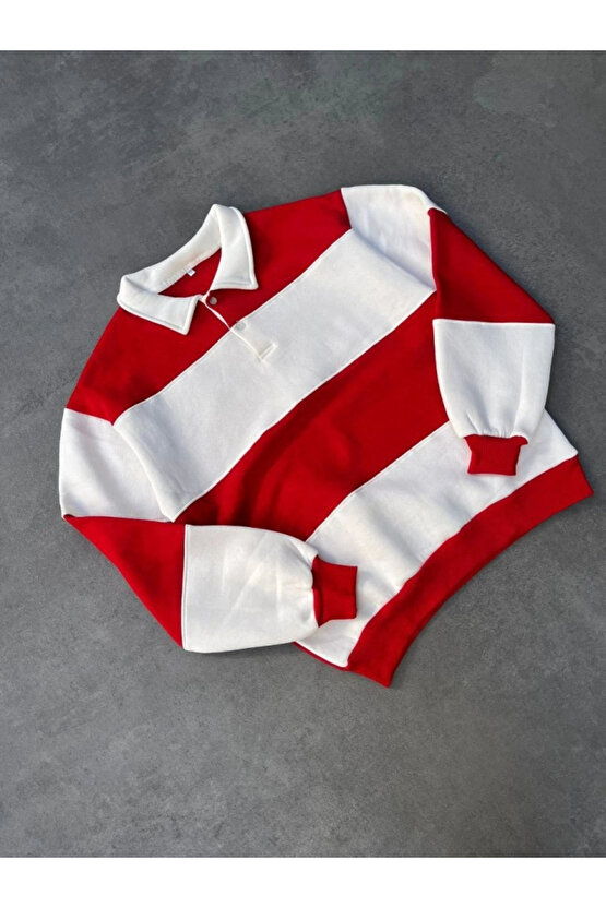 Unisex Üç İplik Parçalı Yakalı SweatShirt - Kırmızı