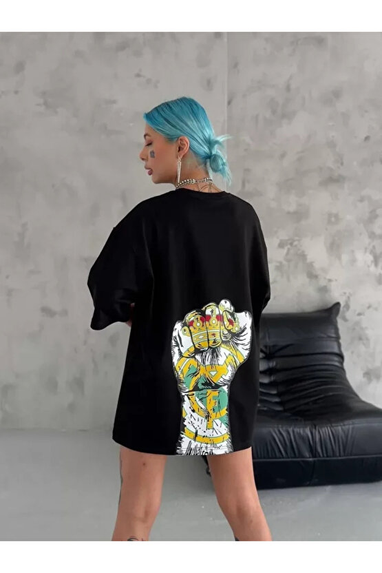 Unisex Bisiklet Yaka Baskılı Oversize T-Shirt - Siyah