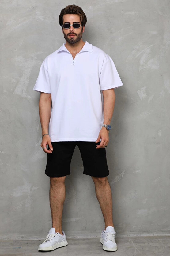 Unisex Yarım Fermuarlı Düz Oversize T-shirt - Beyaz