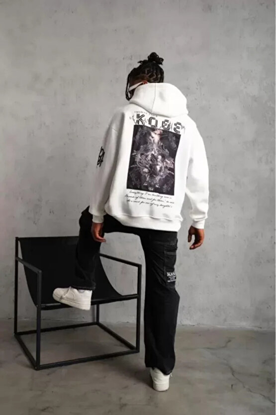 EQURİ Unisex Sırt Baskılı Kapüşonlu Üç İplik Oversize Sweatshirt - Beyaz