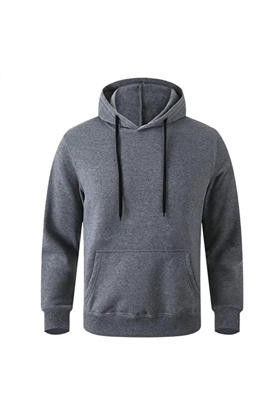 Erkek Uzun Kol Kapşonlu Basic Sweatshirt hoodie - Füme