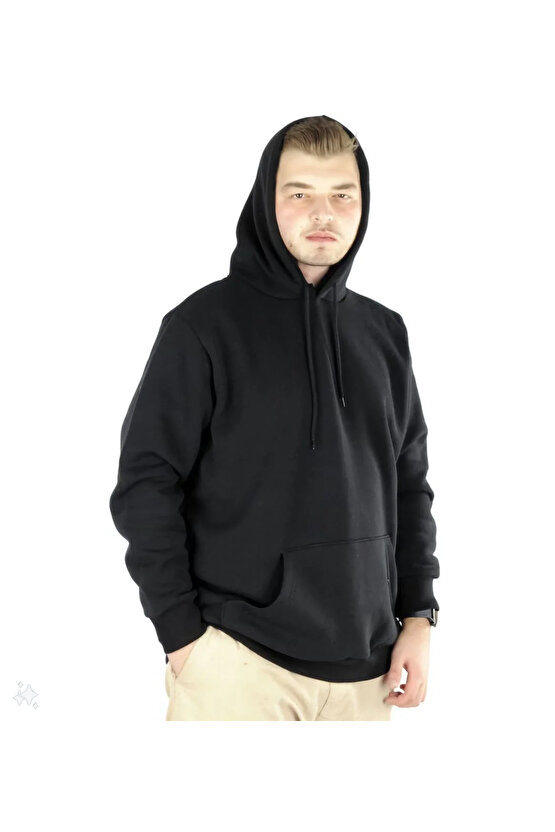 Erkek Uzun Kol Kapşonlu Basic Sweatshirt hoodie - Siyah