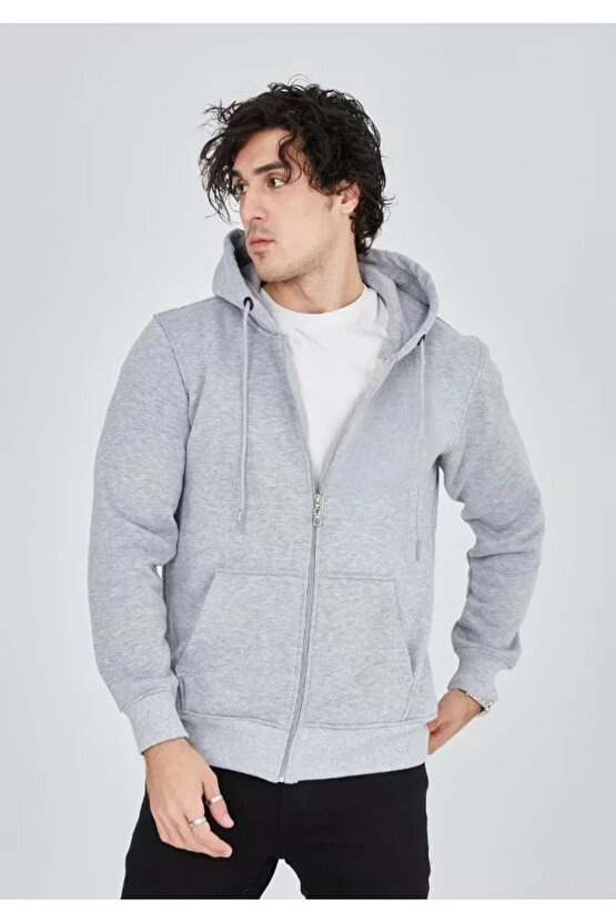 Unisex Tam Fermuarlı Kapşonlu SweatShirt - Gri