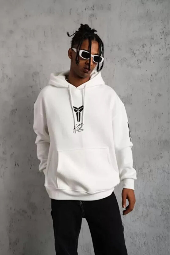 EQURİ Unisex Sırt Baskılı Kapüşonlu Üç İplik Oversize Sweatshirt - Beyaz