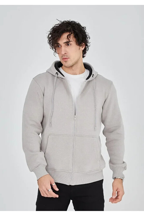 EQURİ Unisex Tam Fermuarlı Kapşonlu SweatShirt - Boyalı Gri