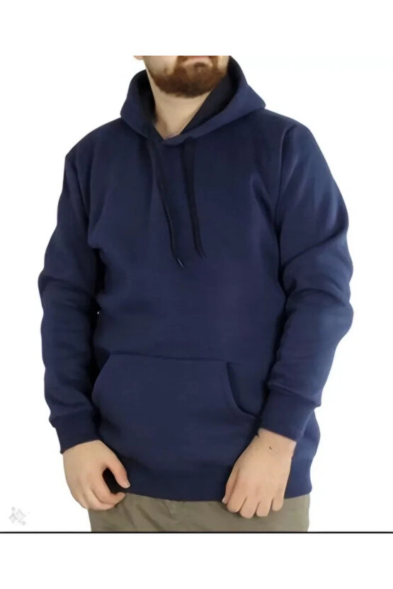 Erkek Uzun Kol Kapşonlu Basic Sweatshirt Hoodie - Lacivert