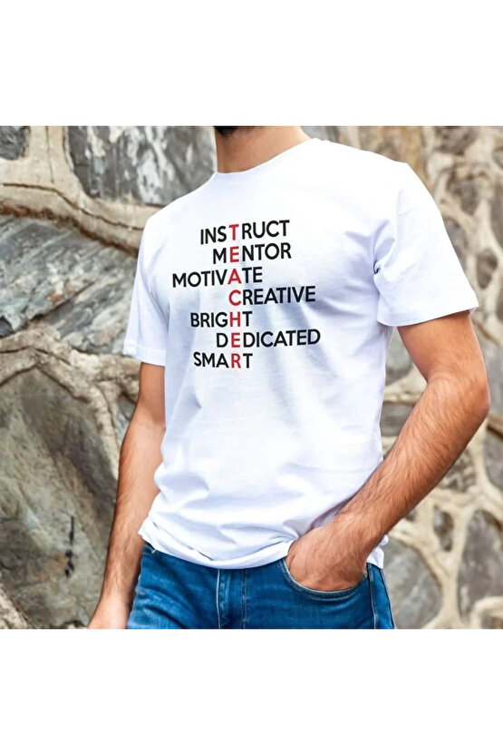 Unisex Bisiklet Yaka Baskılı Oversize T-Shirt - Beyaz