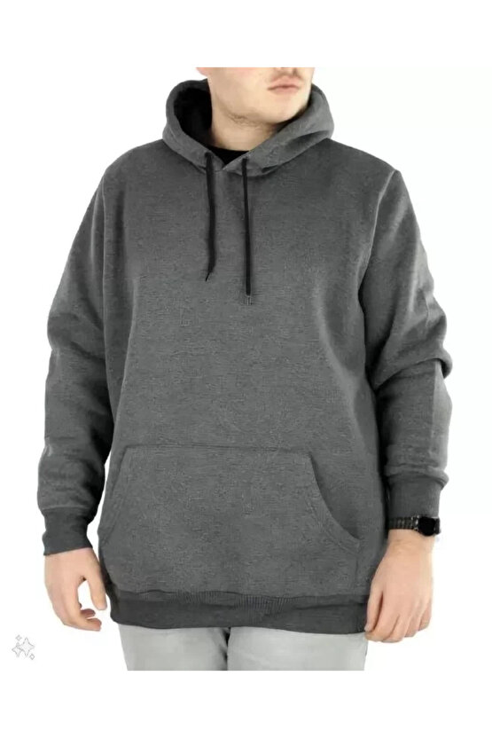 Erkek Uzun Kol Kapşonlu Basic Sweatshirt Hoodie - Füme