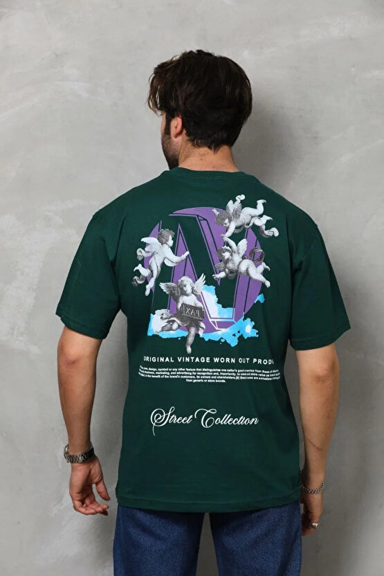 Unisex Bisiklet Yaka Baskılı Oversize T-Shirt - Yeşil