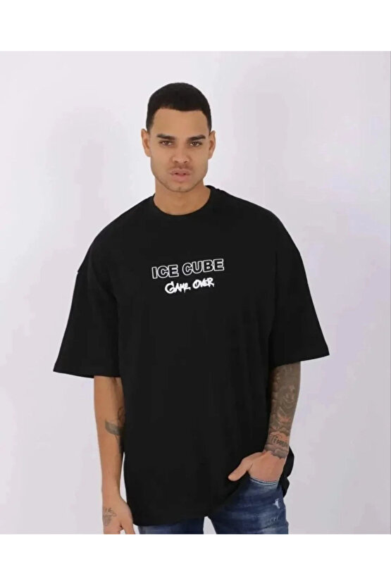 Unisex Bisiklet Yaka Baskılı Oversize T-Shirt - Siyah