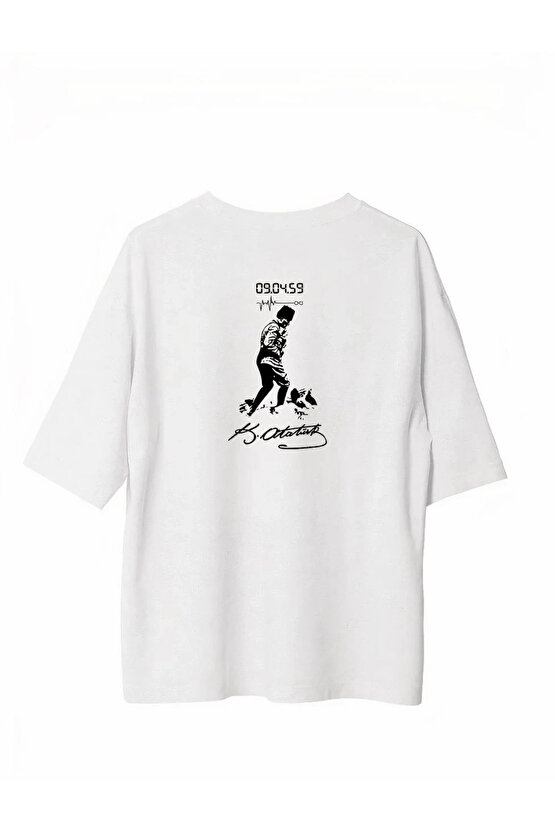 Unisex Bisiklet Yaka Baskılı Oversize T-Shirt - Beyaz