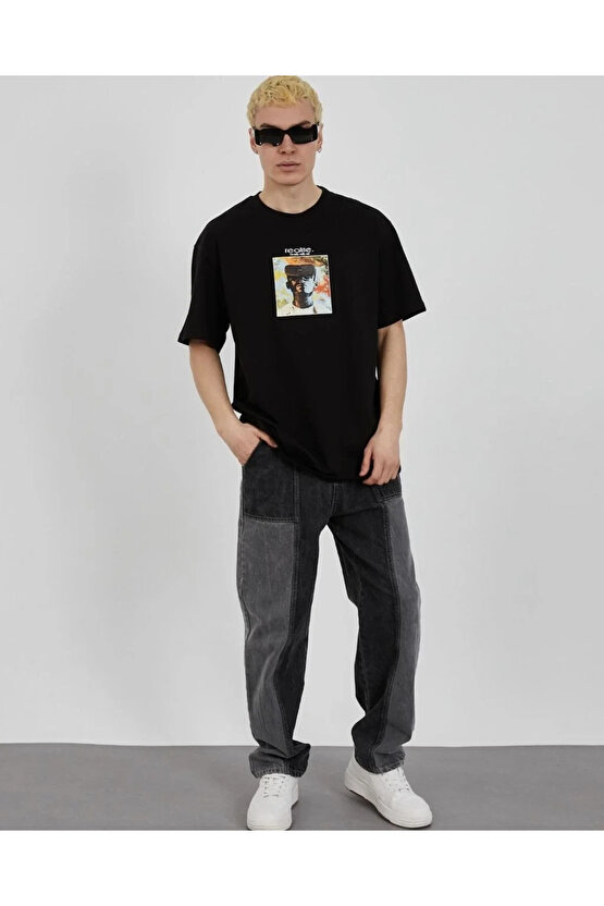Unisex Bisiklet Yaka Baskılı Oversize T-Shirt - Siyah