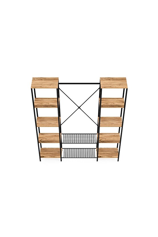 Çok Amaçlı Metal Ayaklı Çift Raflı Dolap Ayakkabılık Portatif Portmanto Gardırop Çam 1373