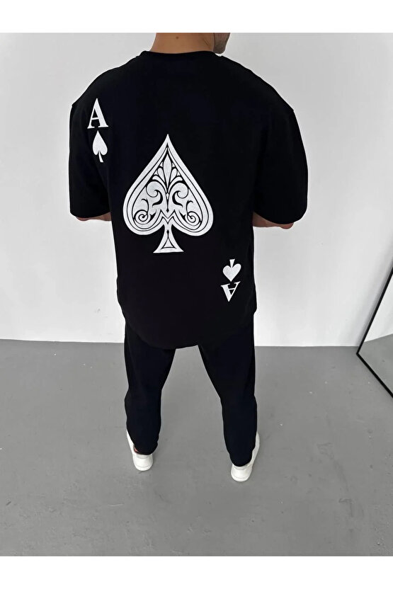 Unisex Bisiklet Yaka Baskılı Oversize T-Shirt - Siyah