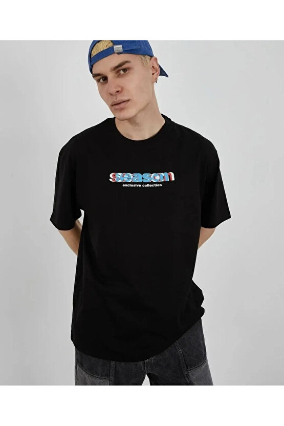 Unisex Bisiklet Yaka Baskılı Oversize T-Shirt - Siyah