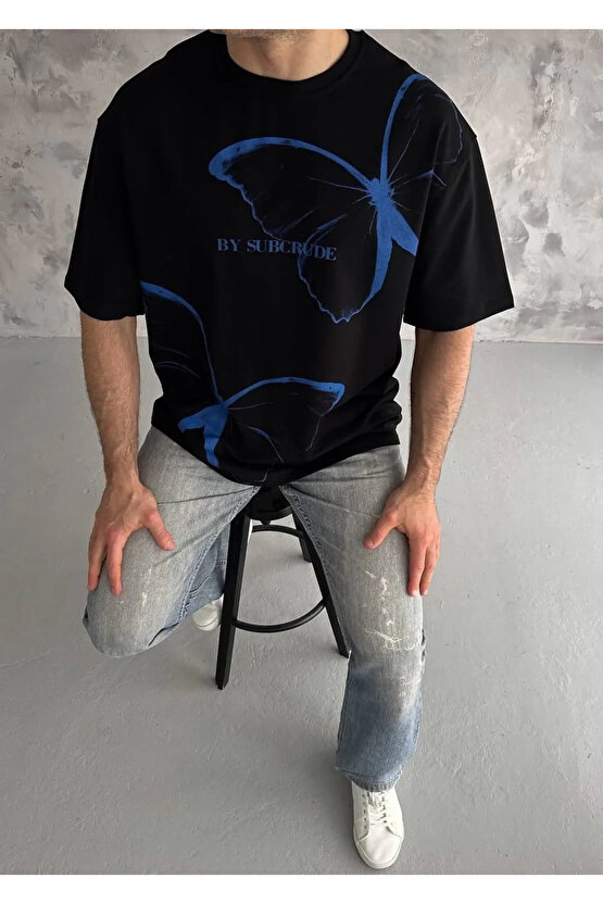 Unisex Bisiklet Yaka Baskılı Oversize T-Shirt - Siyah