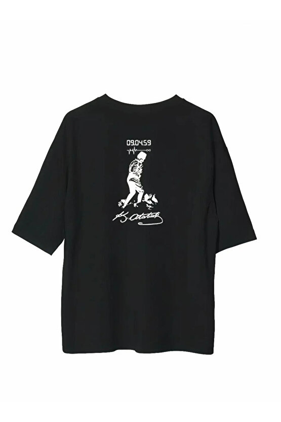 Unisex Bisiklet Yaka Baskılı Oversize T-Shirt - Siyah