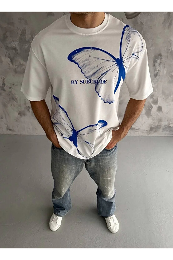 Unisex Bisiklet Yaka Baskılı Oversize T-Shirt - Beyaz