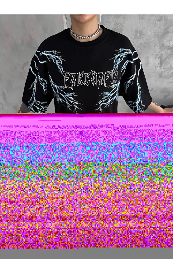 Unisex Bisiklet Yaka Baskılı Oversize T-Shirt - Siyah