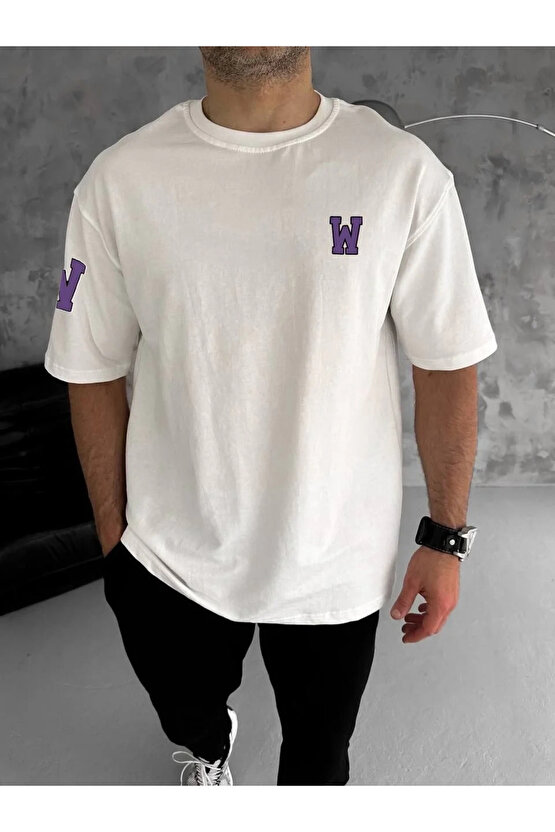 Unisex Bisiklet Yaka Baskılı Oversize T-Shirt - Beyaz