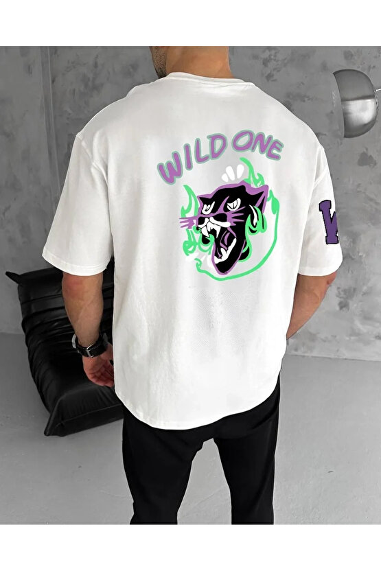 Unisex Bisiklet Yaka Baskılı Oversize T-Shirt - Beyaz