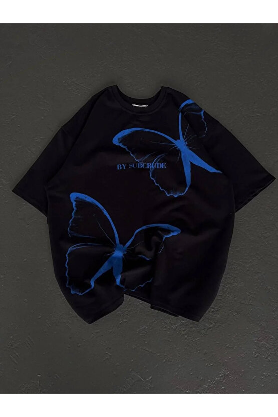 Unisex Bisiklet Yaka Baskılı Oversize T-Shirt - Siyah