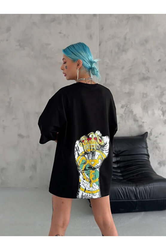 Unisex Bisiklet Yaka Baskılı Oversize T-Shirt - Siyah