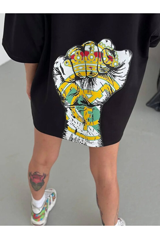 Unisex Bisiklet Yaka Baskılı Oversize T-Shirt - Siyah