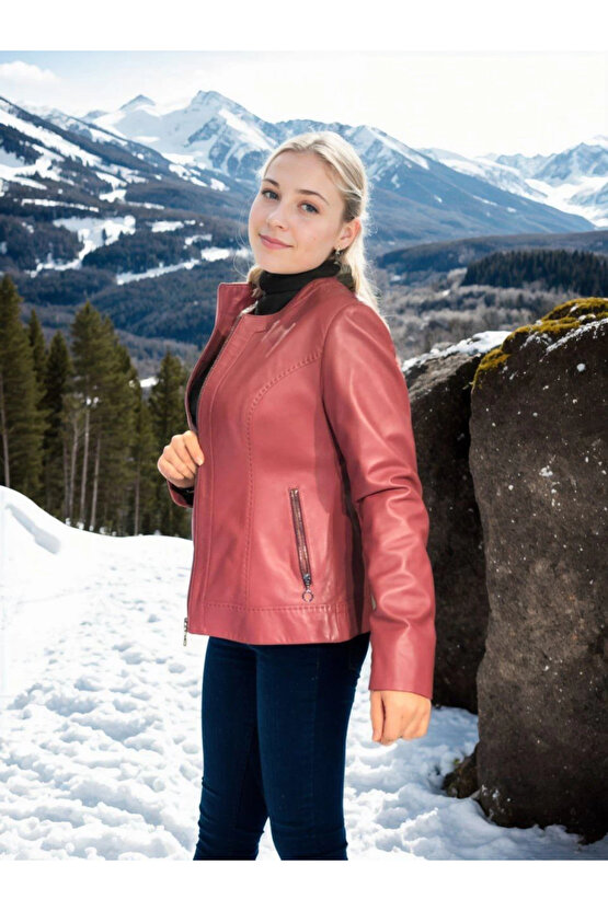 Kadın Uzun Kollu Deri Ceket - Bordo