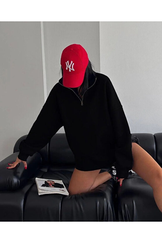 Kadın Yarım Fermuarlı Üç İplik Sweatshirt - Siyah