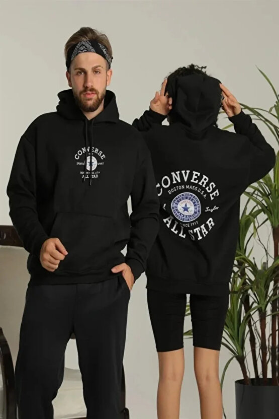 EQURİ Erkek Sırt Baskılı Oversize Üç İplik Kapüşonlu Hoodie Sweatshirt - Siyah