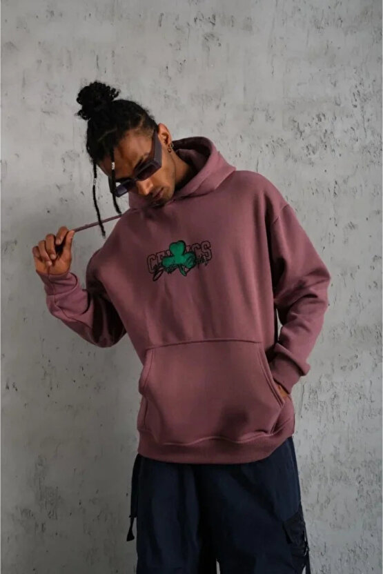Erkek Baskılı Kapüşonlu Ve Kordon İpli Sweat - Gül Kurusu