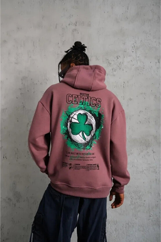 Erkek Baskılı Kapüşonlu Ve Kordon İpli Sweat - Gül Kurusu