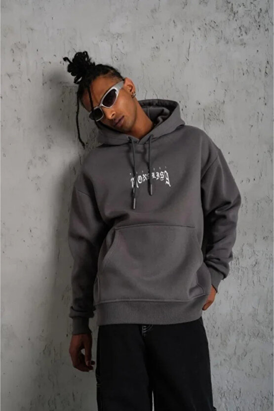 Erkek Baskılı Kapüşonlu Ve Kanguru Cepli Sweat- Gri