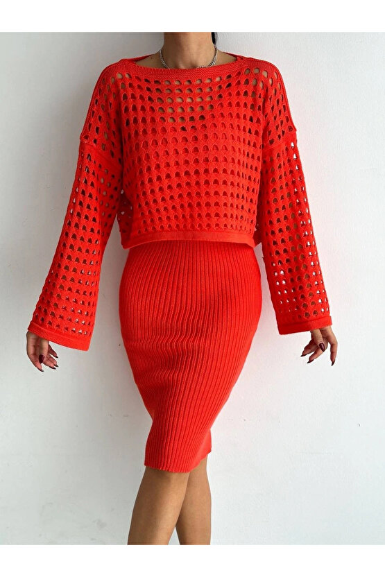 Kadın Delikli Kazak Askılı Elbise Triko Kumaş Ikili Takım