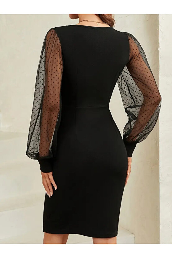 Kadın Uzun Kollu Kalp Yakalı Kol Tül Detaylı Kısa Ithal Krep Elbise