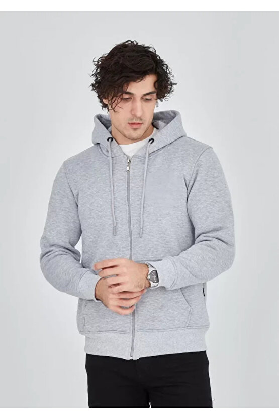 Unisex Tam Fermuarlı Kapşonlu SweatShirt - Gri