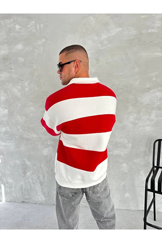 Unisex Üç İplik Parçalı Yakalı SweatShirt - Kırmızı