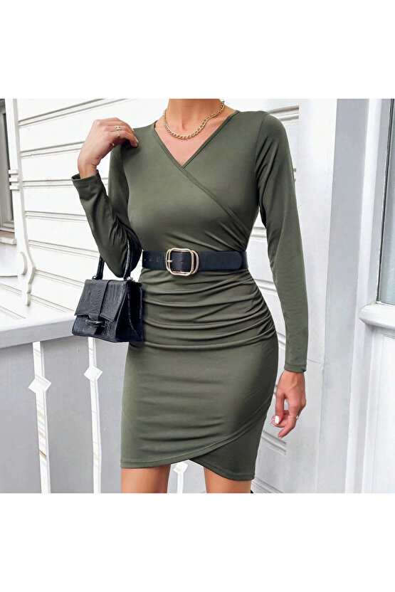 Kadın Uzun Kollu Kruvaze Yaka önden Pileli Sandy Kumaş Elbise (kemer Dahil Değil)