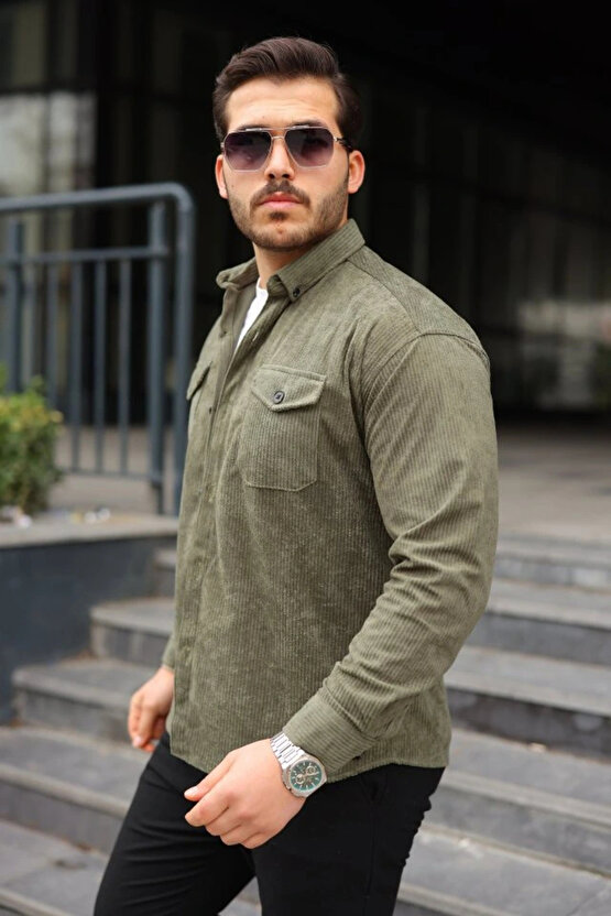 Erkek Uzun Kollu Cepli Kadife Gömlek